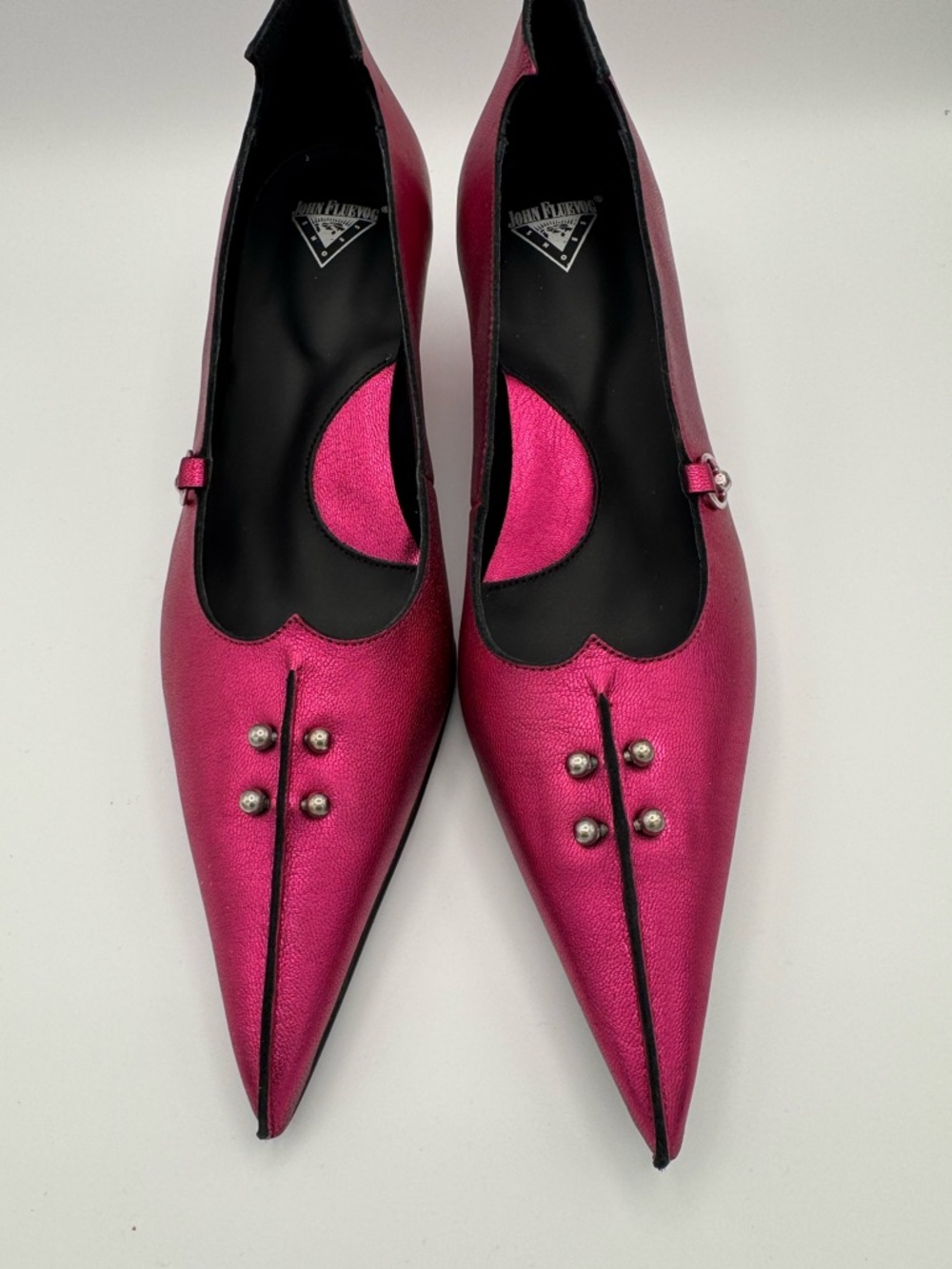 John Fluevog Graceville Hilda Metallic Fuchsia Pumps with Metal Piercings